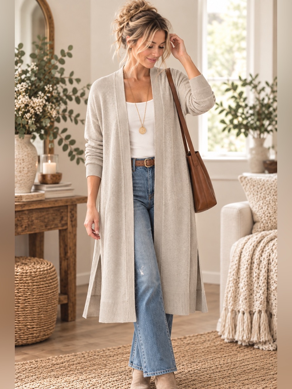 Prologue Women's M Beige Long Duster Cardigan Open Front
Ribbed Boho Minimalist